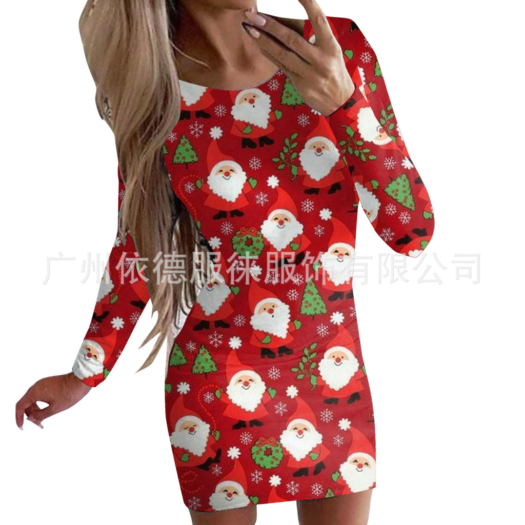 Women's Clothing Autumn and Winter New Christmas Print Round Neck Long Sleeve Hip-Hugging Dress