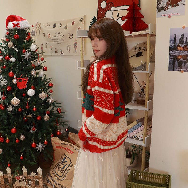 Autumn and Winter Christmas Sweater New Jacquard Knitted Sweater Cartoon Christmas Pattern Lazy Style Round Neck Pullover Long Shirt
