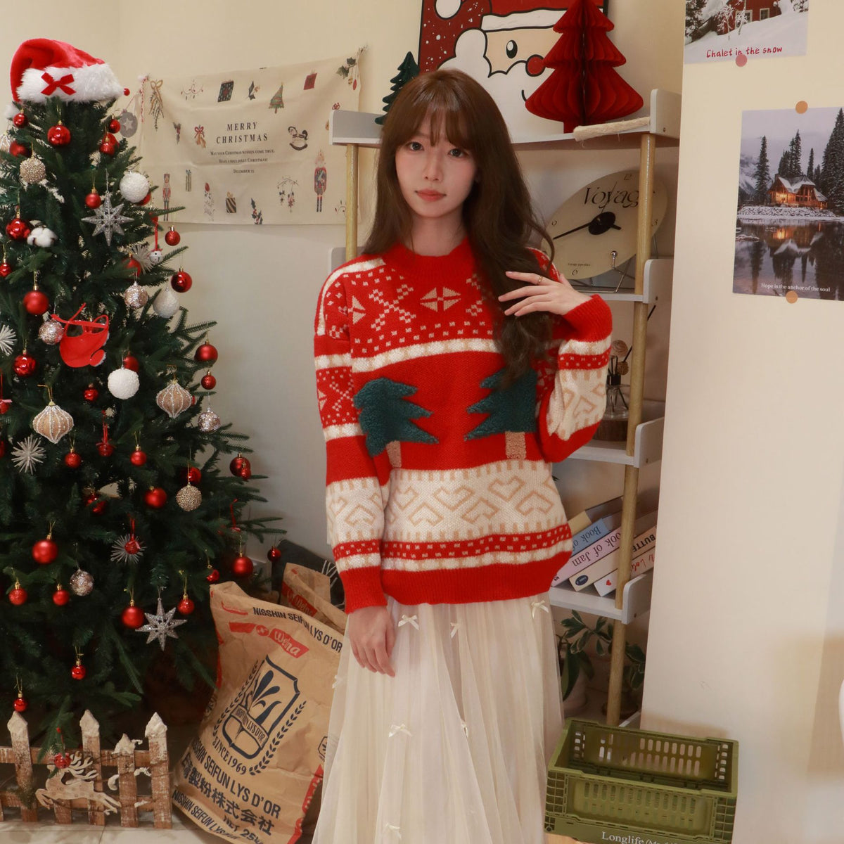 Autumn and Winter Christmas Sweater New Jacquard Knitted Sweater Cartoon Christmas Pattern Lazy Style Round Neck Pullover Long Shirt