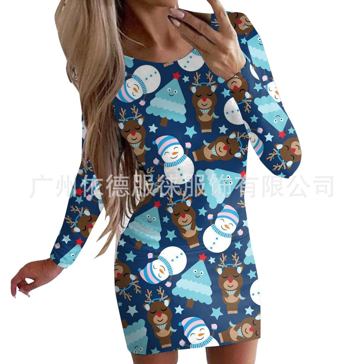 Women's Clothing Autumn and Winter New Christmas Print Round Neck Long Sleeve Hip-Hugging Dress