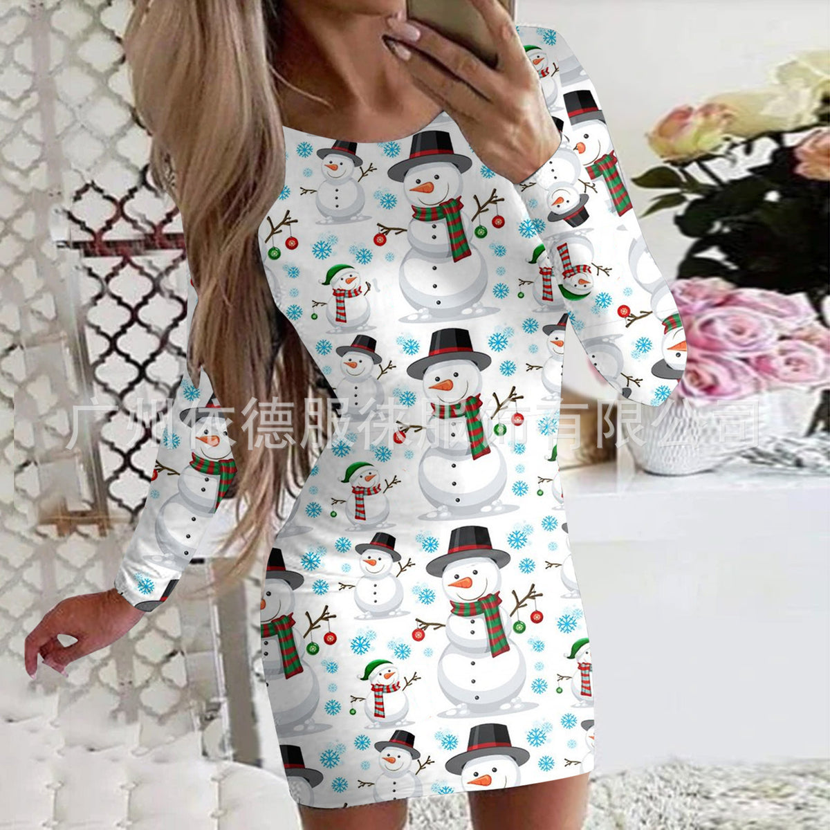 Women's Clothing Autumn and Winter New Christmas Print Round Neck Long Sleeve Hip-Hugging Dress