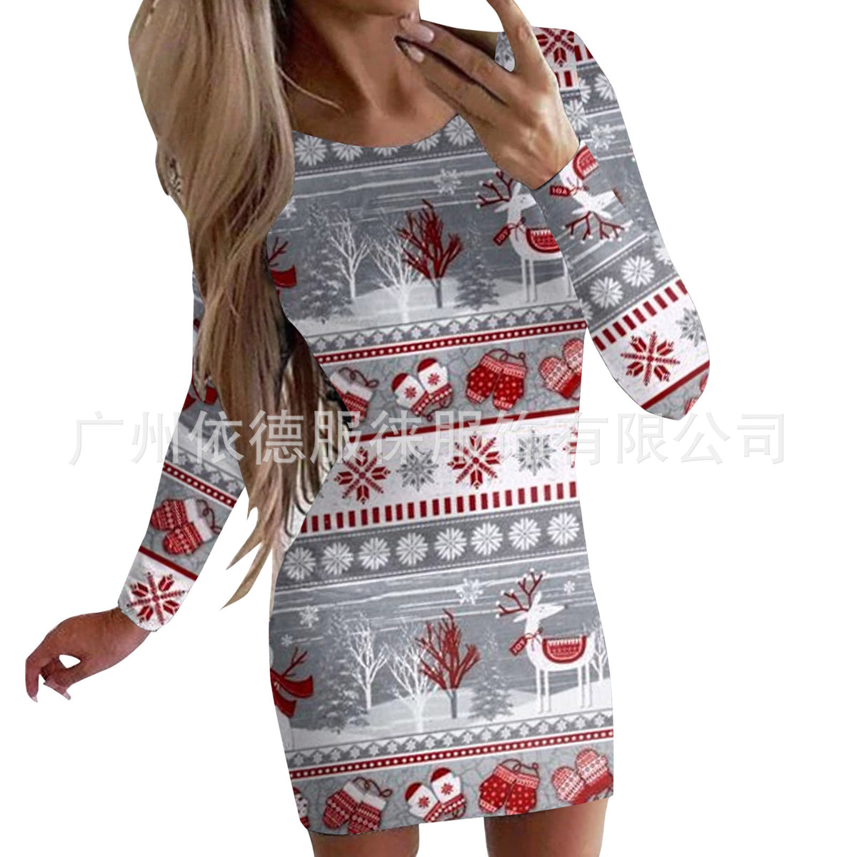 Women's Clothing Autumn and Winter New Christmas Print Round Neck Long Sleeve Hip-Hugging Dress