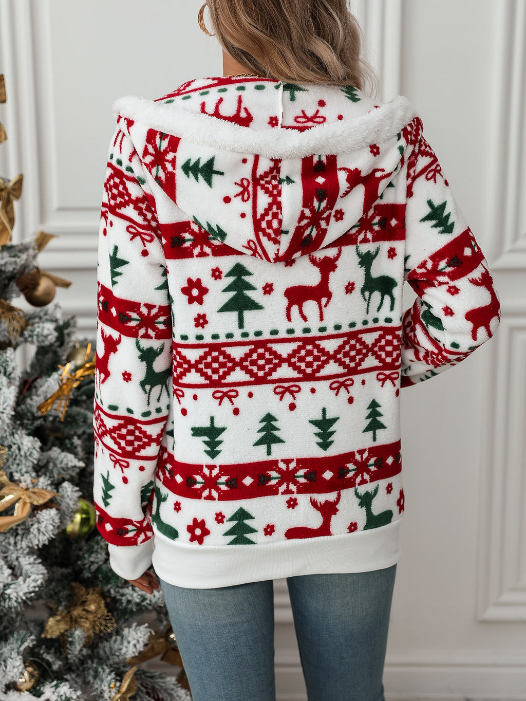 Flash velvet cross-border autumn and winter new European and American women's Amazon long sleeve cardigan Christmas printed plush coat