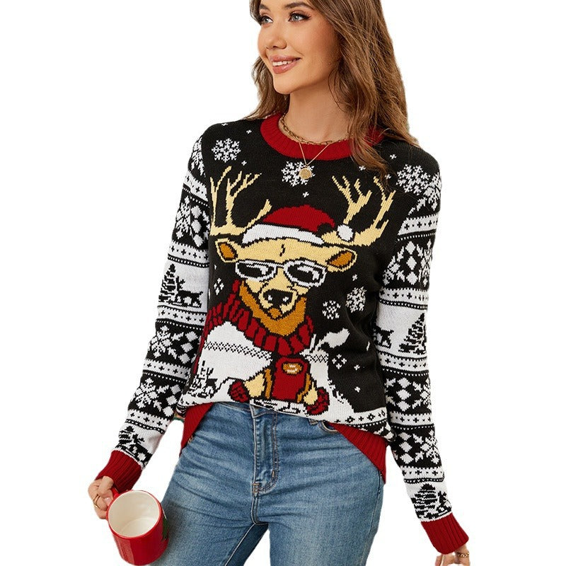 Cross-Border Export Women's Christmas Elk Jacquard Knitted Sweater Top 2026 Autumn and Winter New Pullover Christmas Sweater