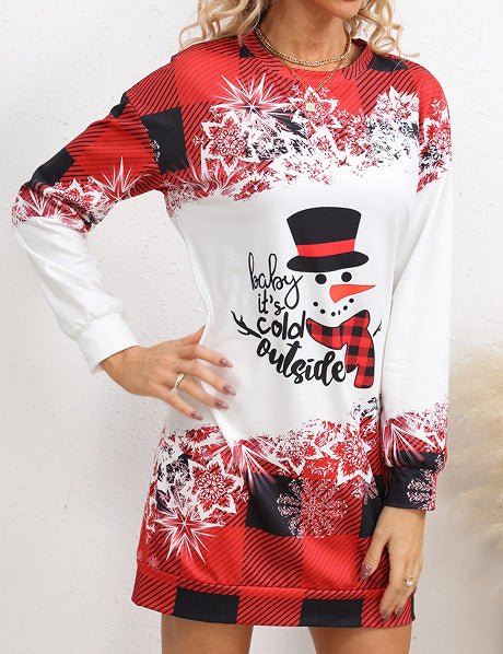 Cross-Border Christmas Print Women's Long-Sleeve Round-Neck Long Sweatshirt Versatile Personality Street Fashion Plaid