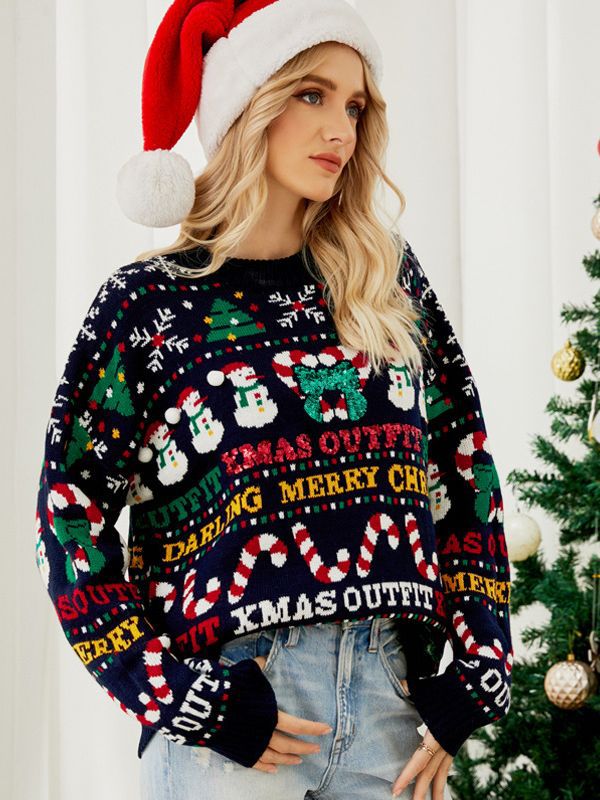 Loose Knitwears Autumn and Winter Christmas Tree Round Neck Knitwears Little Snowman Sequined Christmas Knitwears