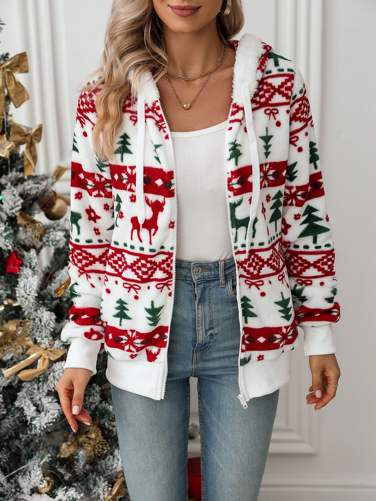 Flash velvet cross-border autumn and winter new European and American women's Amazon long sleeve cardigan Christmas printed plush coat