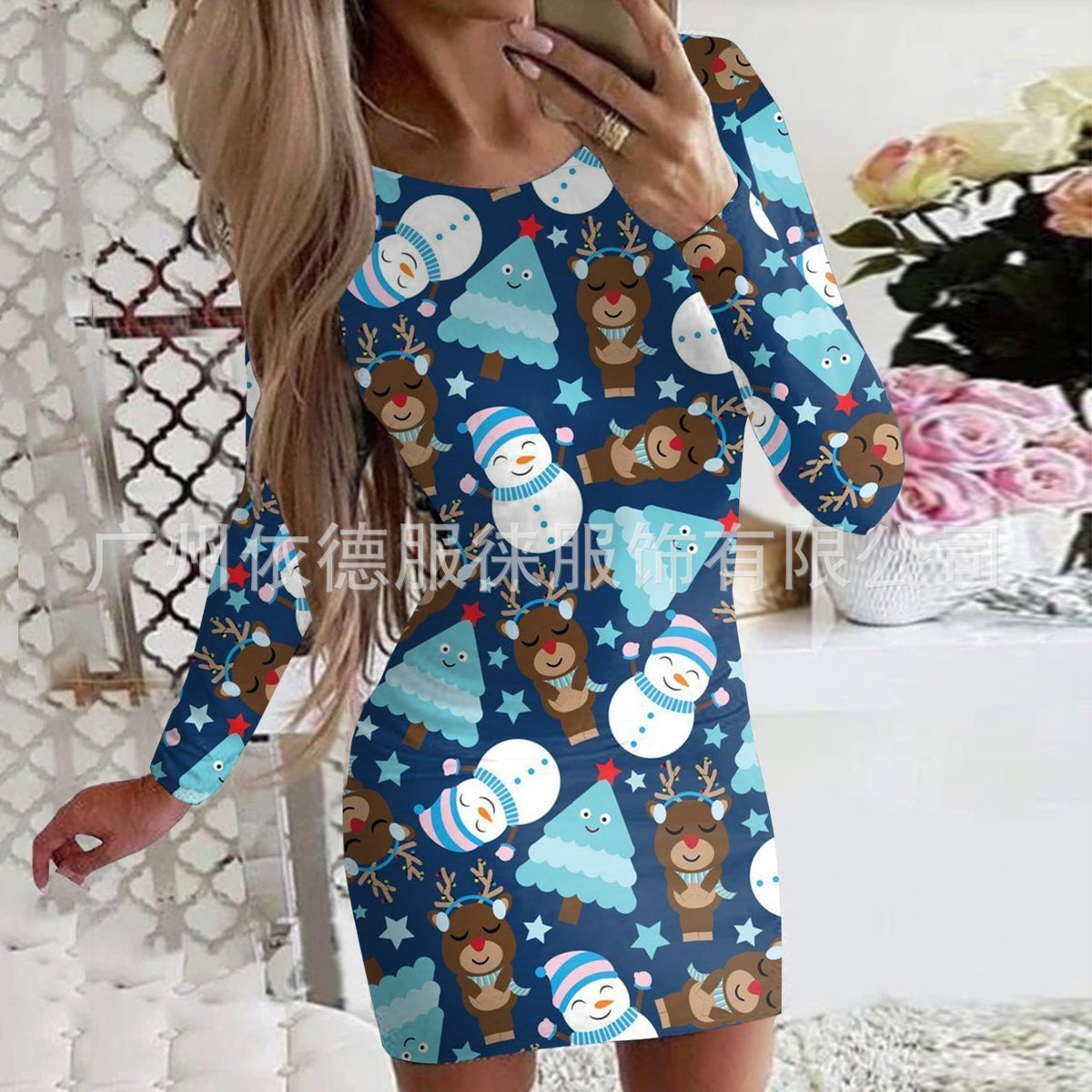 Women's Clothing Autumn and Winter New Christmas Print Round Neck Long Sleeve Hip-Hugging Dress