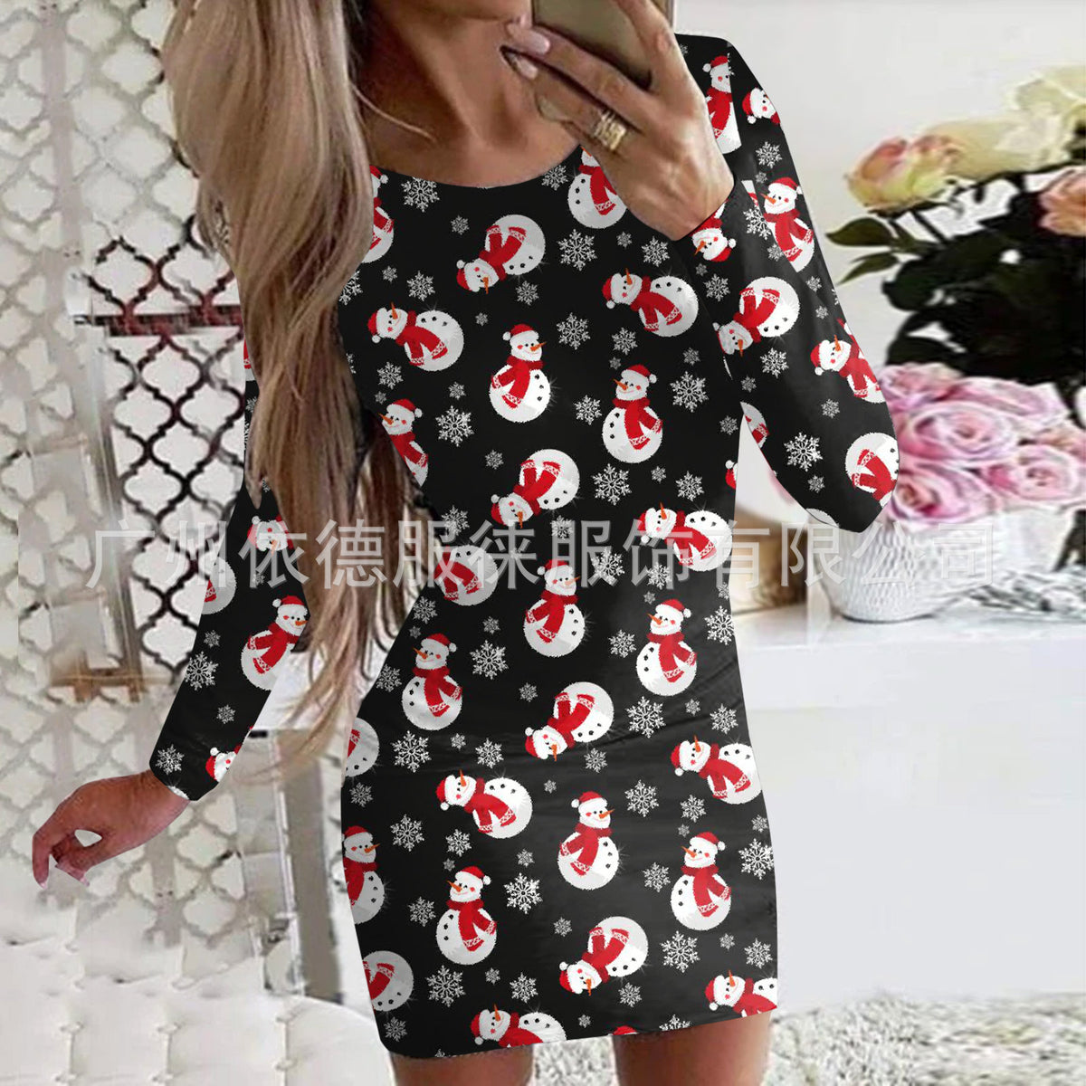 Women's Clothing Autumn and Winter New Christmas Print Round Neck Long Sleeve Hip-Hugging Dress