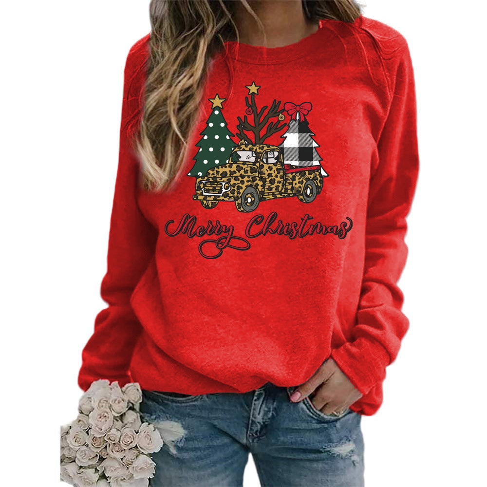 foreign trade cross-border supply Christmas tree merry Christmas printed round neck sweater women's top