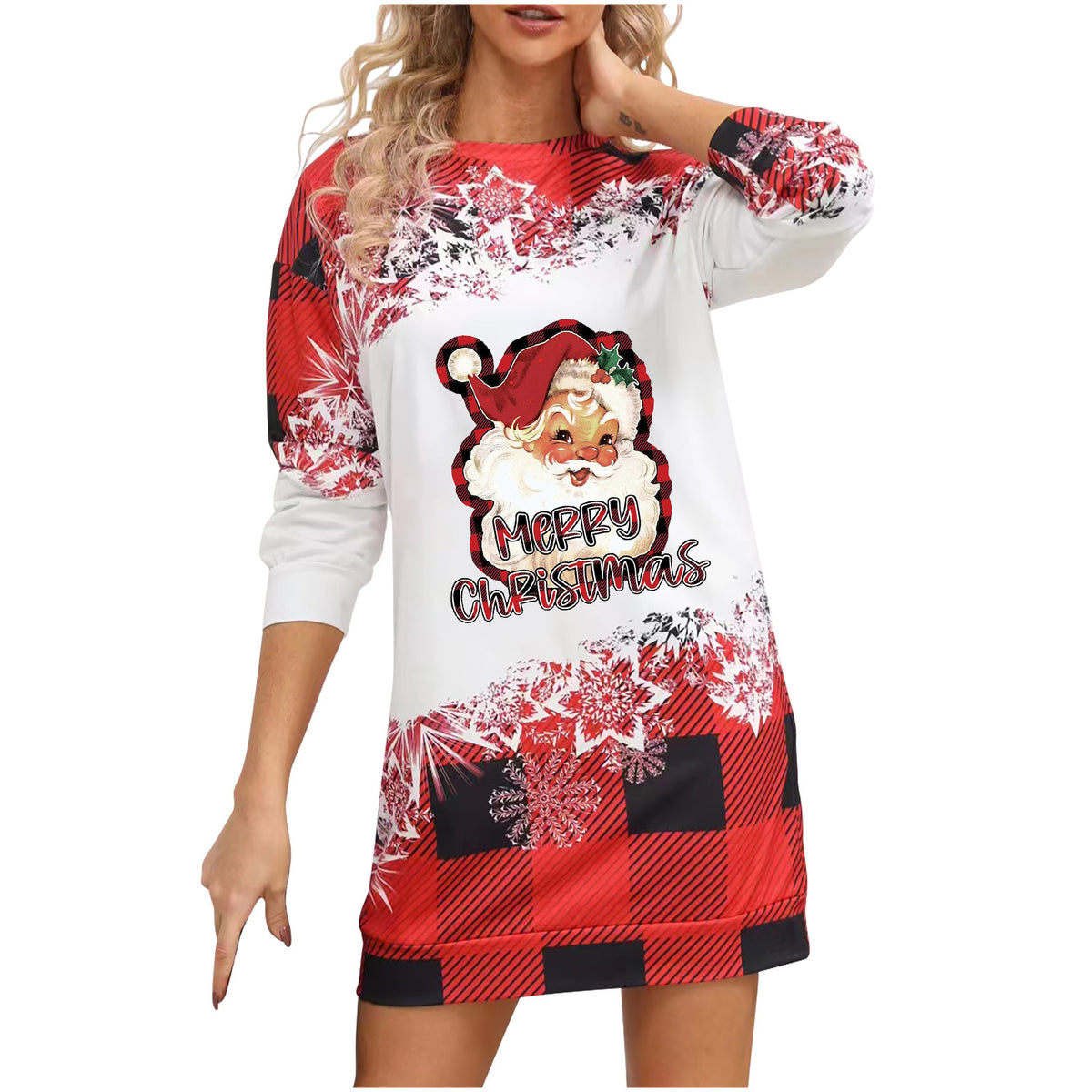 Cross-Border Christmas Print Women's Long-Sleeve Round-Neck Long Sweatshirt Versatile Personality Street Fashion Plaid