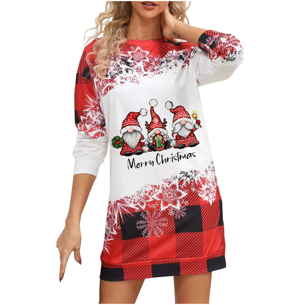 Cross-Border Christmas Print Women's Long-Sleeve Round-Neck Long Sweatshirt Versatile Personality Street Fashion Plaid
