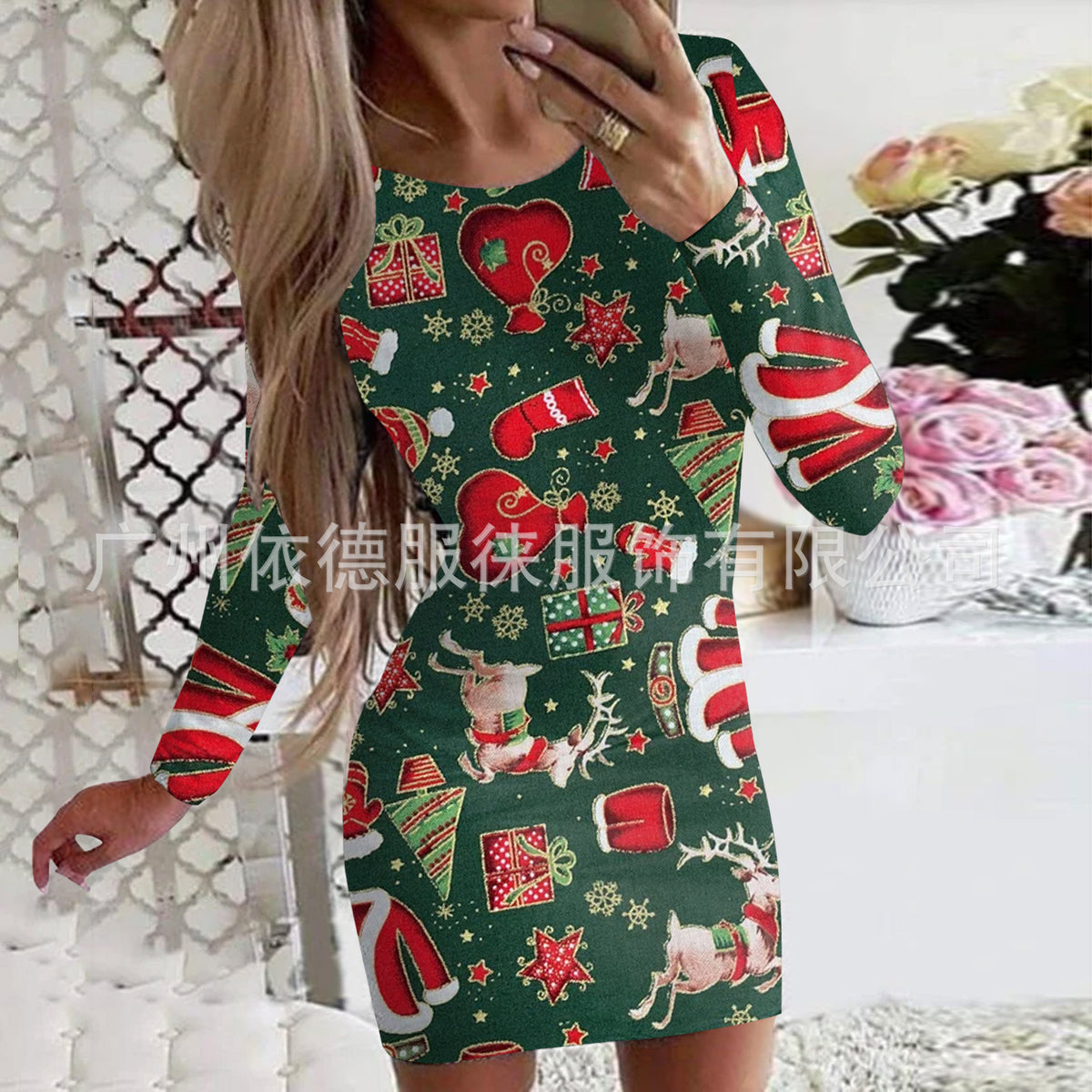 Women's Clothing Autumn and Winter New Christmas Print Round Neck Long Sleeve Hip-Hugging Dress