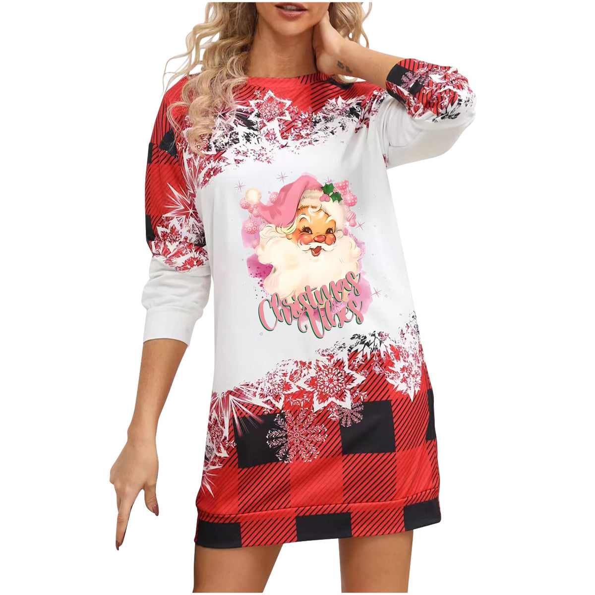 Cross-Border Christmas Print Women's Long-Sleeve Round-Neck Long Sweatshirt Versatile Personality Street Fashion Plaid