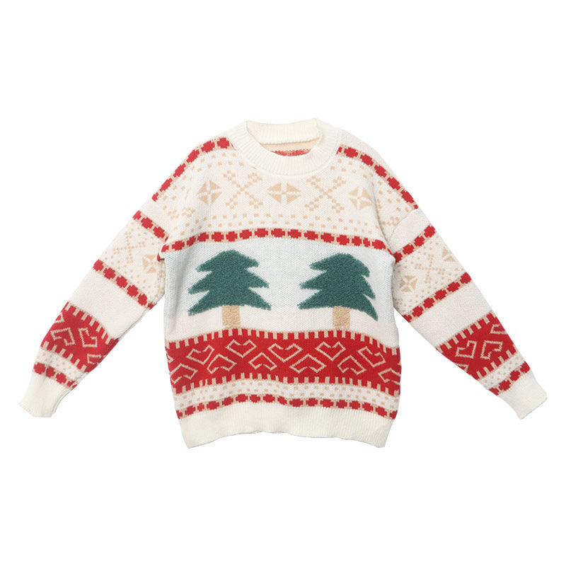 Autumn and Winter Christmas Sweater New Jacquard Knitted Sweater Cartoon Christmas Pattern Lazy Style Round Neck Pullover Long Shirt