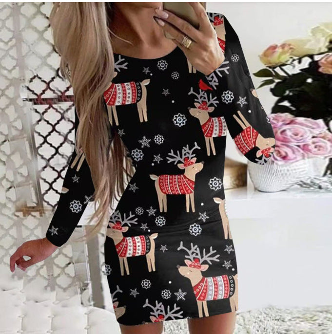 Women's Clothing Autumn and Winter New Christmas Print Round Neck Long Sleeve Hip-Hugging Dress