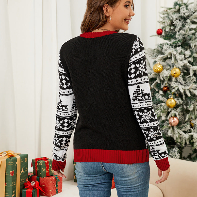 Cross-Border Export Women's Christmas Elk Jacquard Knitted Sweater Top 2026 Autumn and Winter New Pullover Christmas Sweater