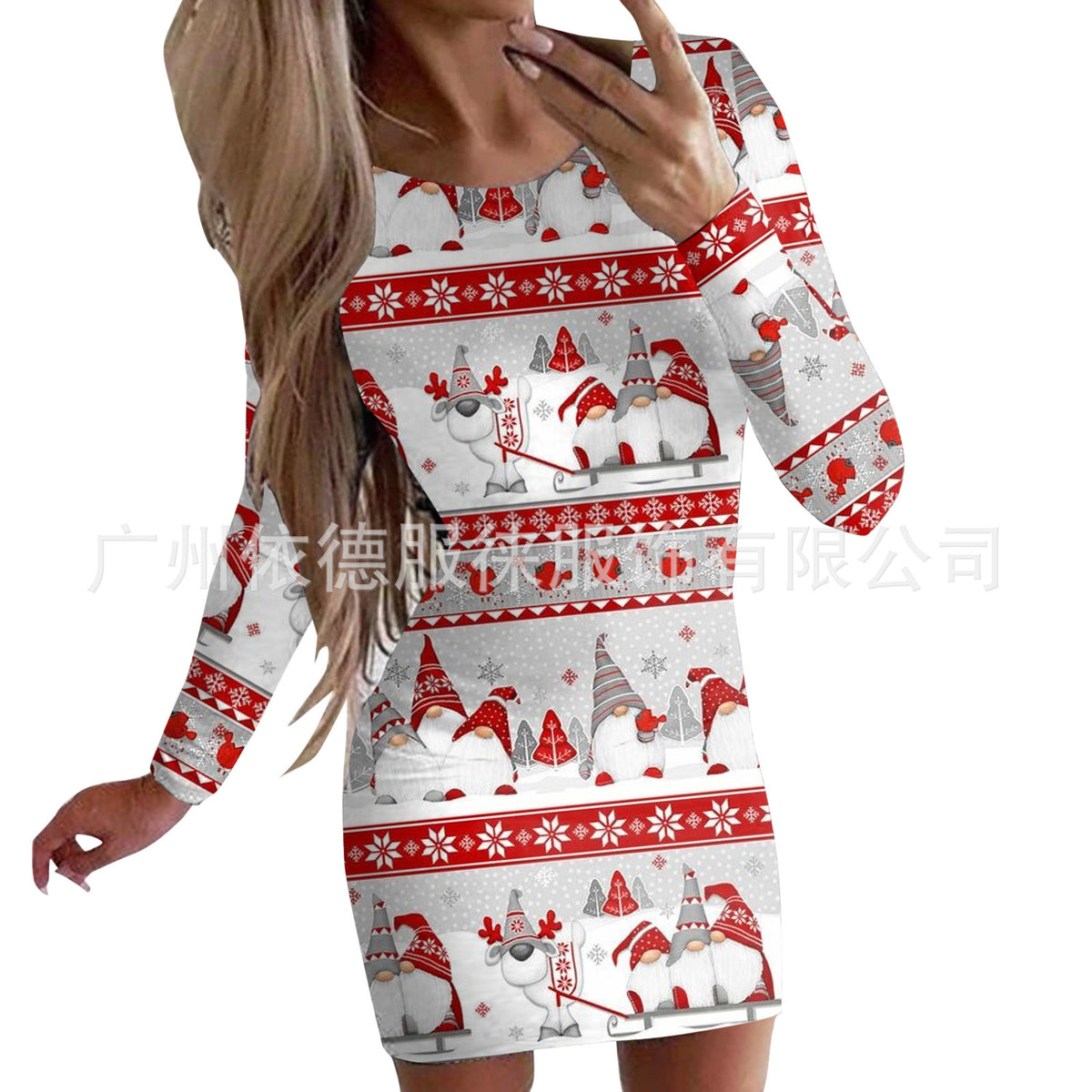 Women's Clothing Autumn and Winter New Christmas Print Round Neck Long Sleeve Hip-Hugging Dress