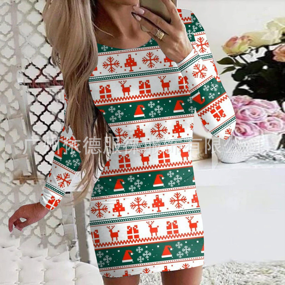 Women's Clothing Autumn and Winter New Christmas Print Round Neck Long Sleeve Hip-Hugging Dress
