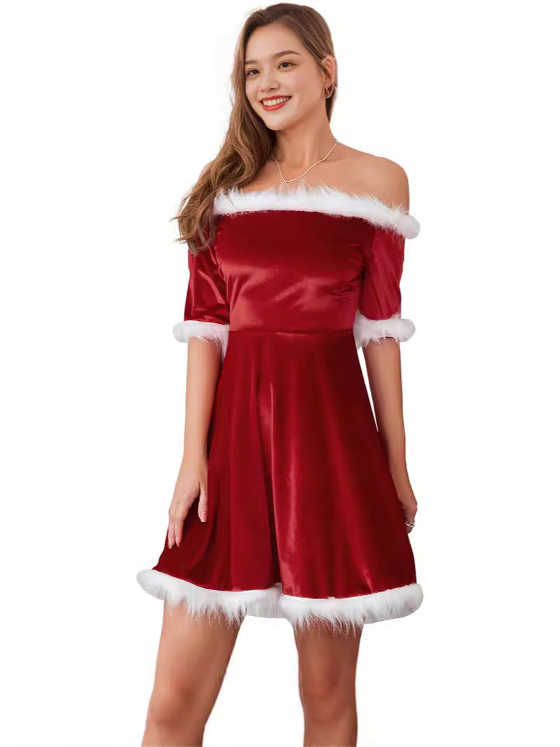Autumn and winter Christmas plush dress half-sleeve off-shoulder A- line slim-fit skirt