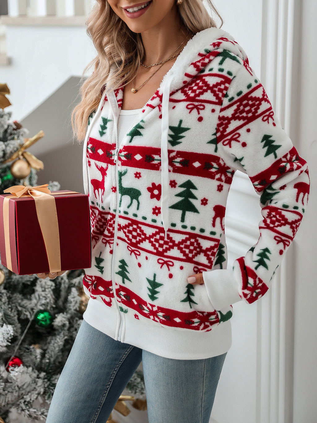 Flash velvet cross-border autumn and winter new European and American women's Amazon long sleeve cardigan Christmas printed plush coat