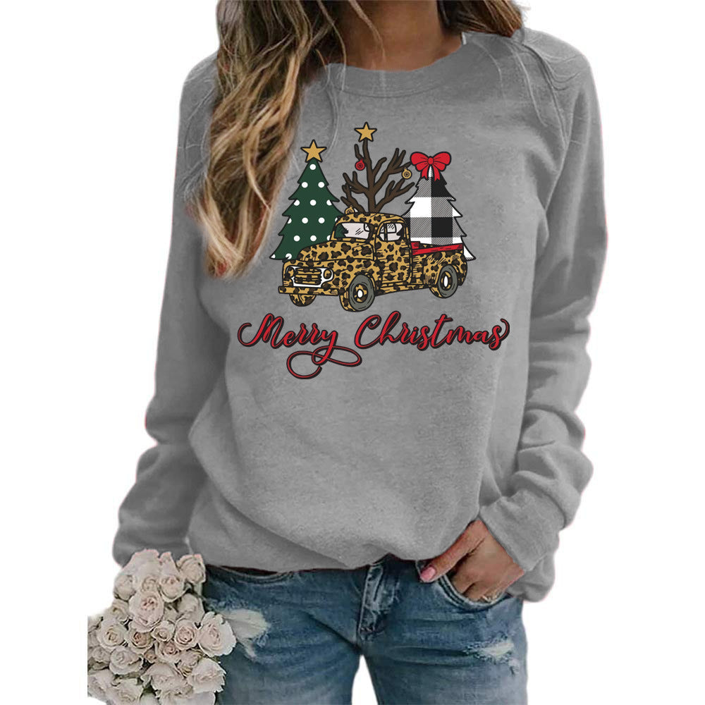 foreign trade cross-border supply Christmas tree merry Christmas printed round neck sweater women's top