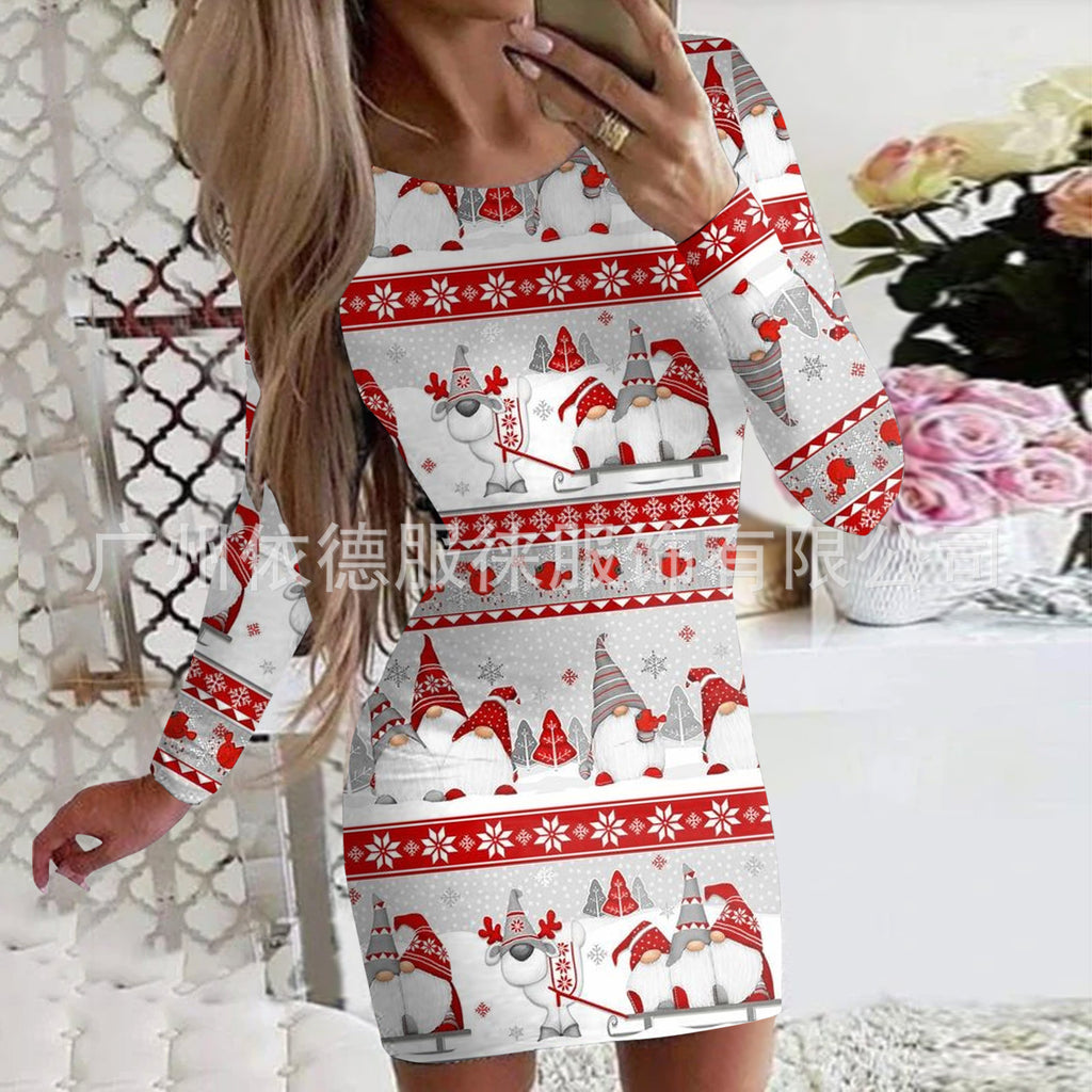 Women's Clothing Autumn and Winter New Christmas Print Round Neck Long Sleeve Hip-Hugging Dress