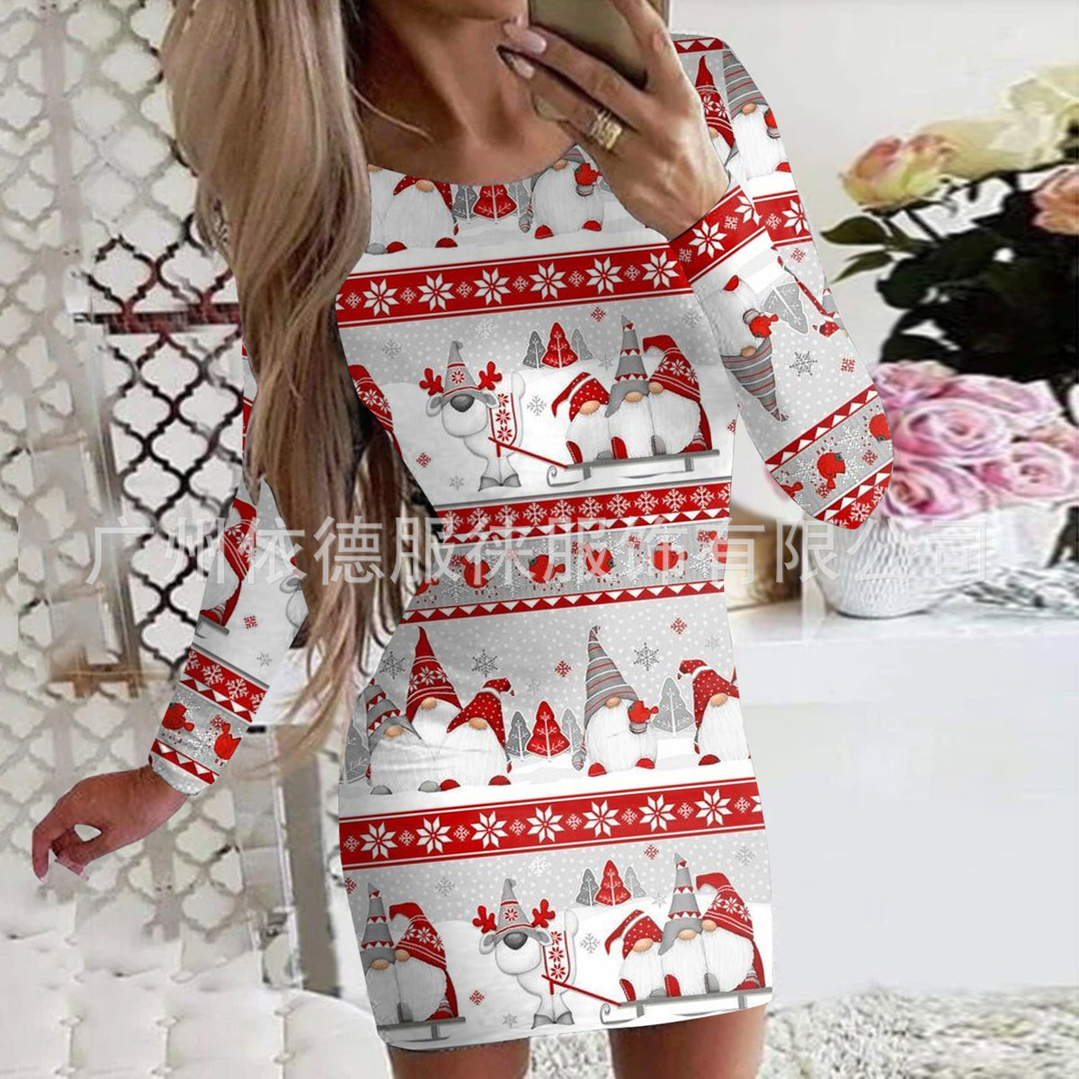Women's Clothing Autumn and Winter New Christmas Print Round Neck Long Sleeve Hip-Hugging Dress