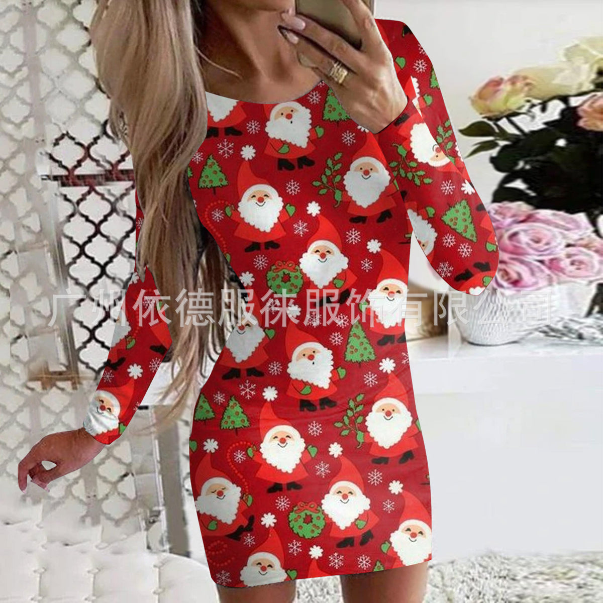 Women's Clothing Autumn and Winter New Christmas Print Round Neck Long Sleeve Hip-Hugging Dress