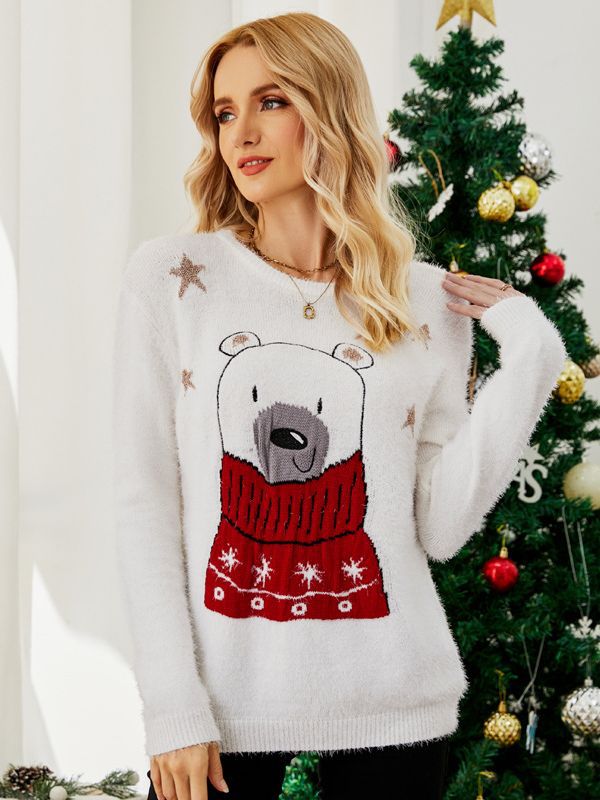 Cross-Border Popular European and American Design Knitted Tops Christmas Cartoon Jacquard Sweaters Embroidered Bear Christmas Sweaters