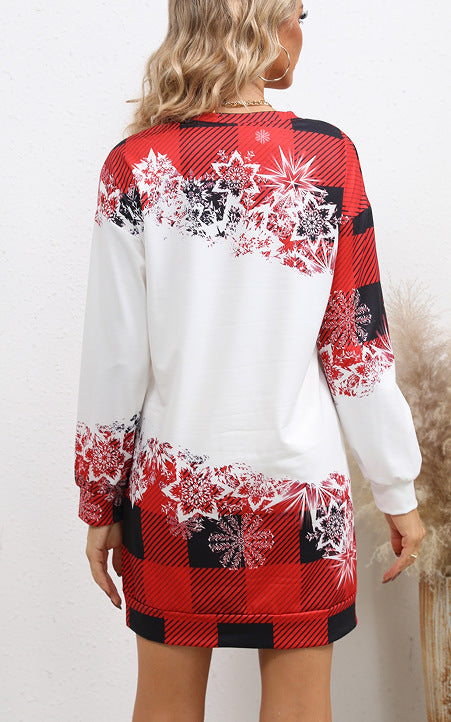 Cross-Border Christmas Print Women's Long-Sleeve Round-Neck Long Sweatshirt Versatile Personality Street Fashion Plaid