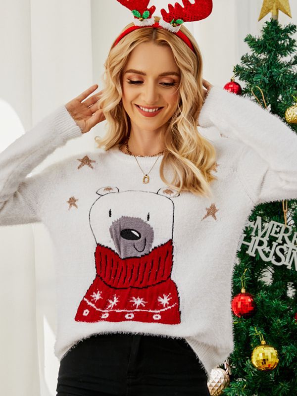 Cross-Border Popular European and American Design Knitted Tops Christmas Cartoon Jacquard Sweaters Embroidered Bear Christmas Sweaters