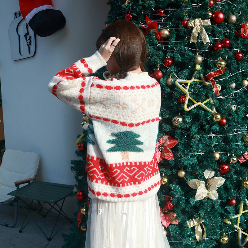Autumn and Winter Christmas Sweater New Jacquard Knitted Sweater Cartoon Christmas Pattern Lazy Style Round Neck Pullover Long Shirt