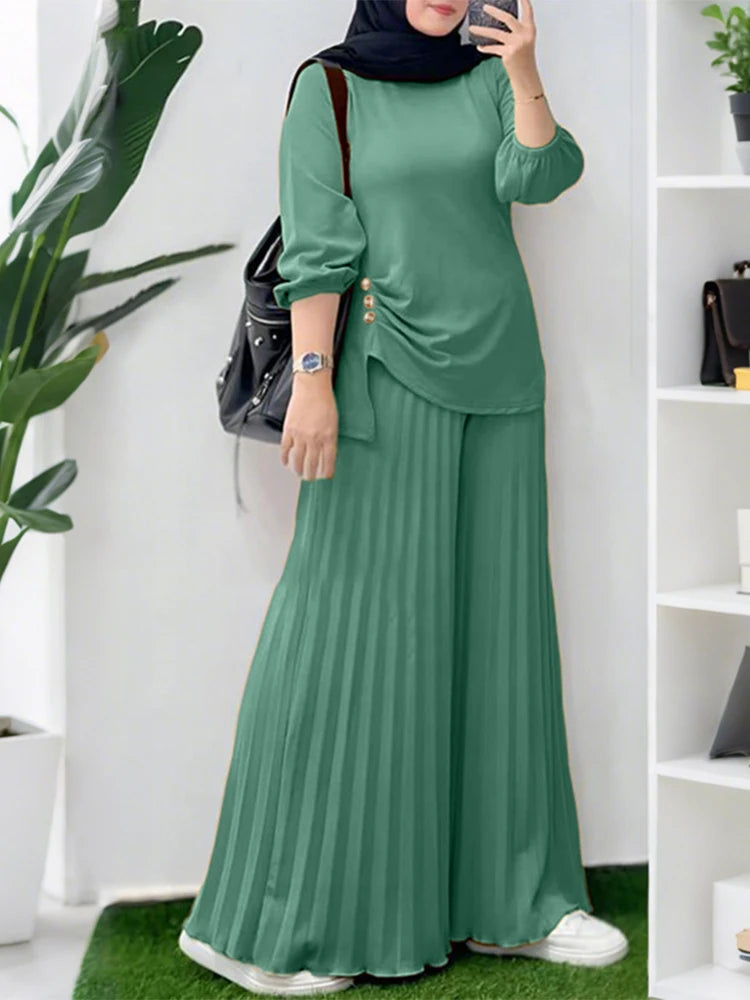 Women Autumn Matching Sets Muslim Outfits Ramadan 2 Pieces Set Casual Long Sleeve Tops Trousers Suit Solid Tracksuit