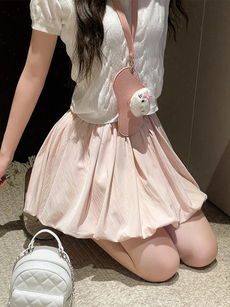 Women's Mini Skirt High Waist A-Line Slimming Summer Skirt with Built-in Shorts for Petite, Pleated Puff Hem Pink