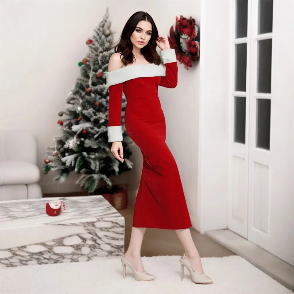 Autumn And Winter New Style Christmas Women's Dress Sexy One-shoulder Plush Stitching Slim Hip-hugging Female Red Dresses 2025