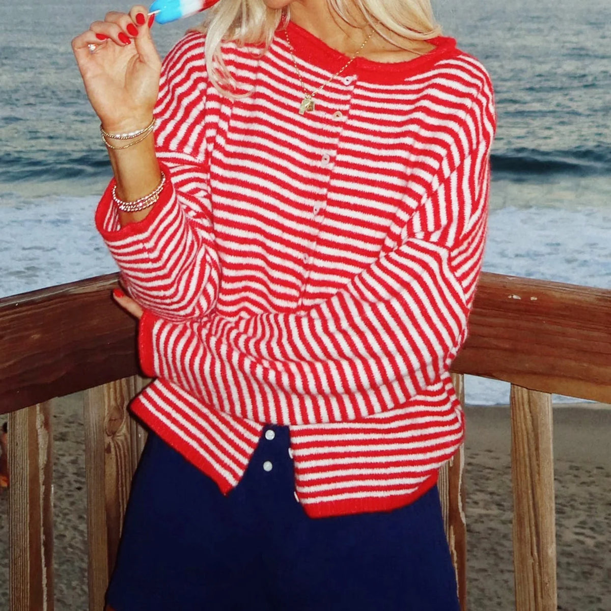 Women's Sweater Striped Button Down Cardigan Knit Tops Outerwear Casual Loose Long Sleeve Fall Tops Knitwear