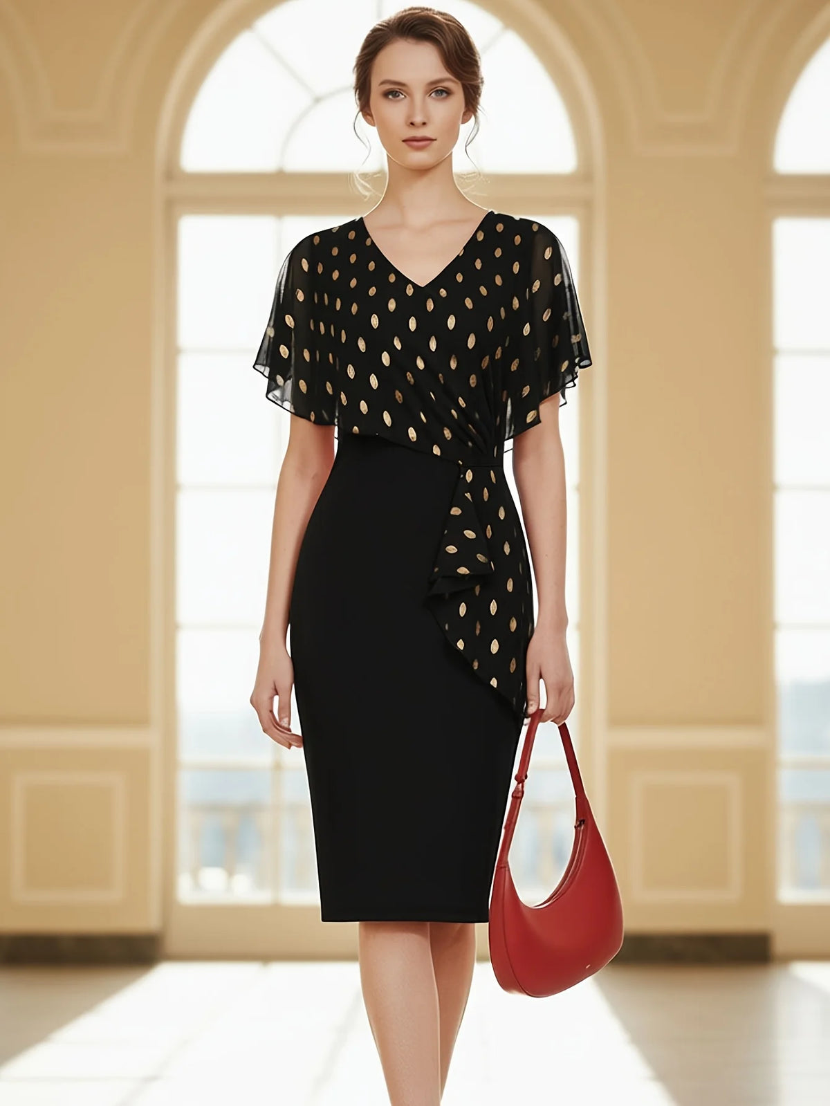 Womens Cape Ruffle Summer V Neck Polka Dot Cocktail Knee Length Business Casual Party Chiffon Pencil Bodycon Sheath Dress