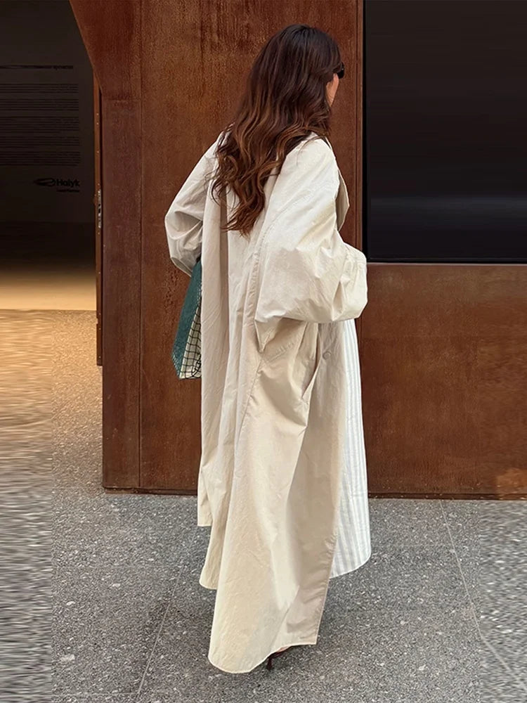 Oversized Stand Collar Long Trench Coat Women Single Button Loose Wide Sleeve Minimalist Windbreaker Luxury Casual Outerwear New