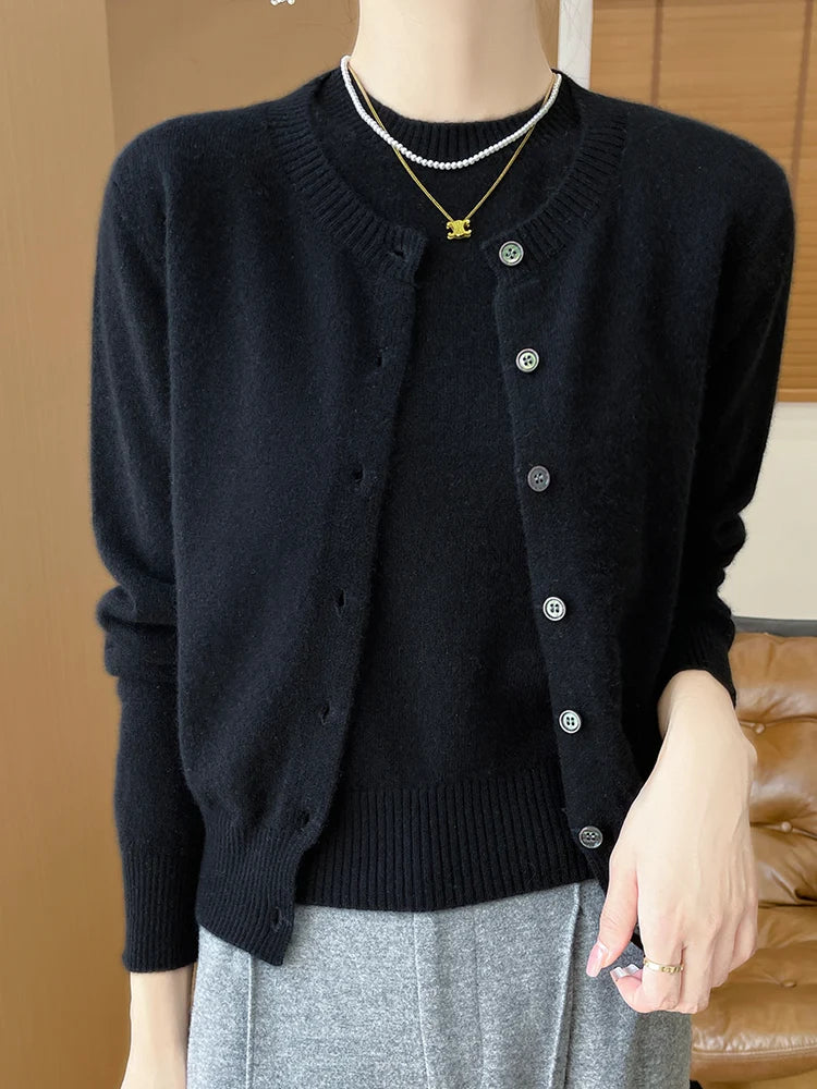 Autumn Winter Women's Sweater Cardigan Two-piece Set Pullover 100% Merino Wool Knitwear O-neck T-shirt Office Lady Clothing Tops