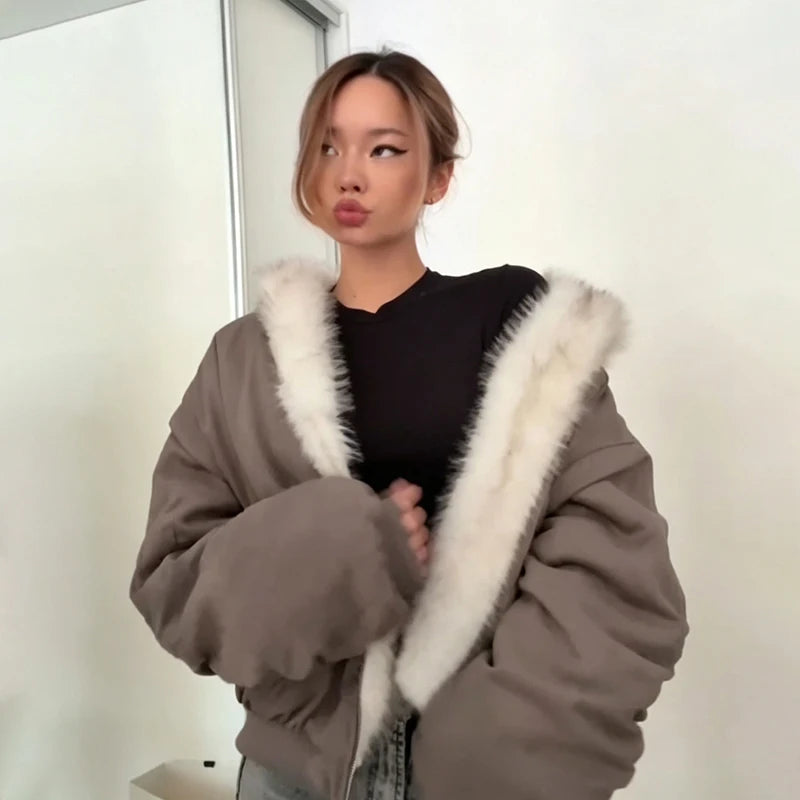 Women's Reversible Faux Fur Jacket Warm Fur Trim Hooded Oversized Puffer Coat Batwing Sleeves Zipper Loose Winter Lady Outerwear