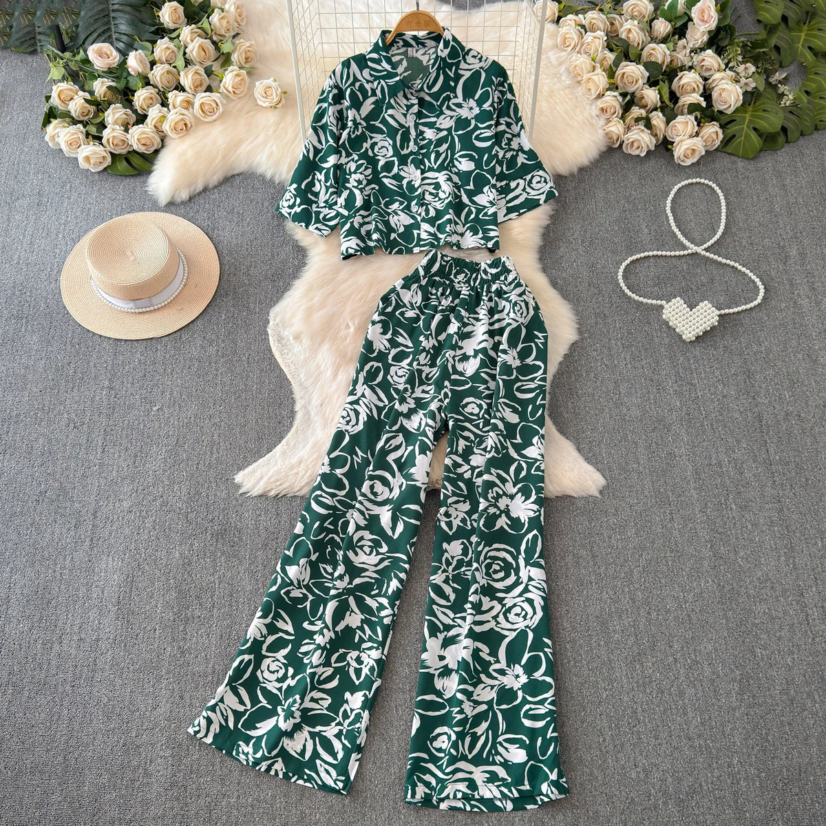 2026 Summer Matching Set Women Floral Print Short Sleeve Shirt Top Elastic Waist Long Pants Fashion Streetwear Suit