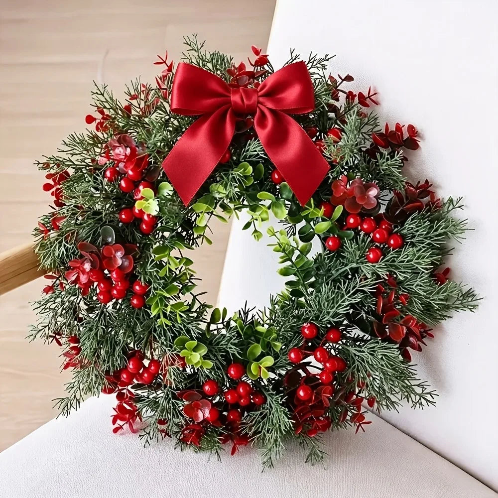 Christmas Decor Wreath with Bow with Red Berries Including Cranberries and Holly for Indoor and Outdoor Decoration