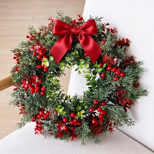 Christmas Decor Wreath with Bow with Red Berries Including Cranberries and Holly for Indoor and Outdoor Decoration