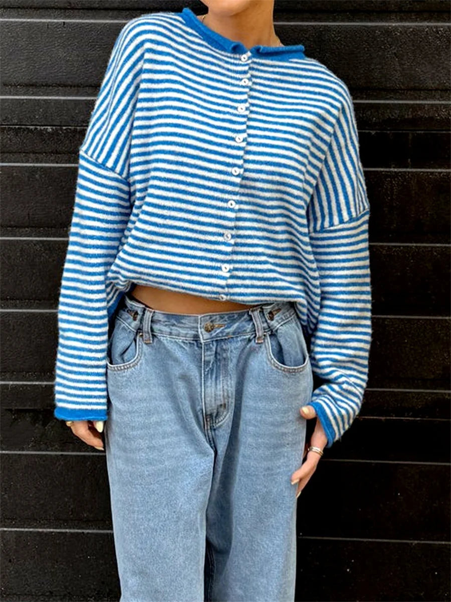 Women's Sweater Striped Button Down Cardigan Knit Tops Outerwear Casual Loose Long Sleeve Fall Tops Knitwear