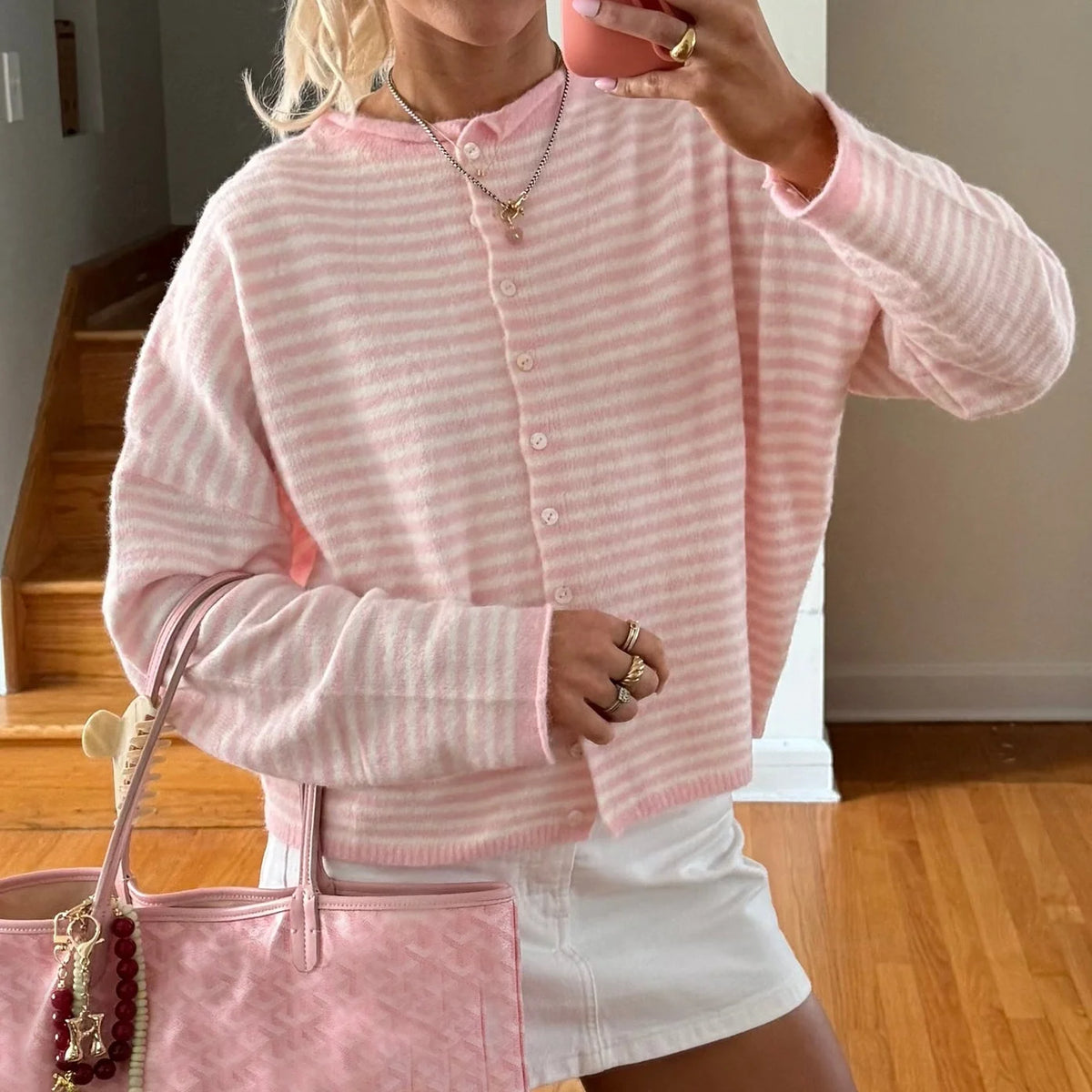 Women's Sweater Striped Button Down Cardigan Knit Tops Outerwear Casual Loose Long Sleeve Fall Tops Knitwear