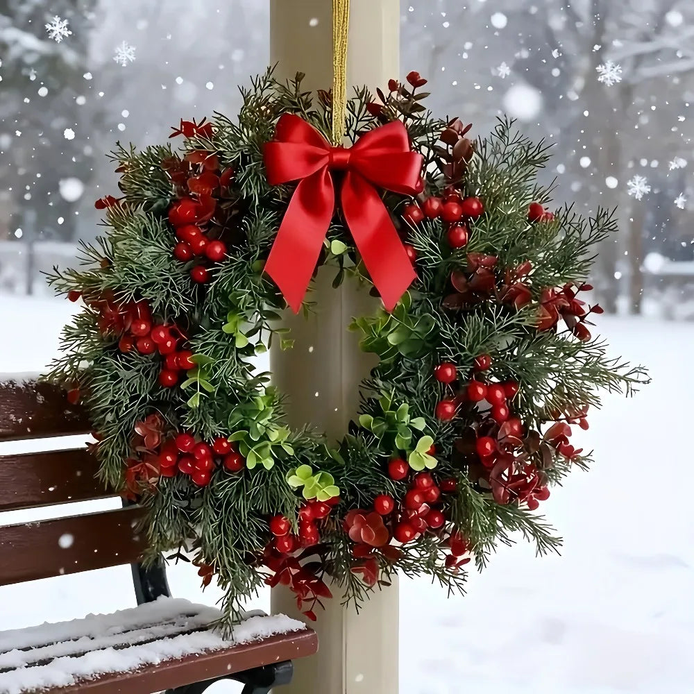 Christmas Decor Wreath with Bow with Red Berries Including Cranberries and Holly for Indoor and Outdoor Decoration