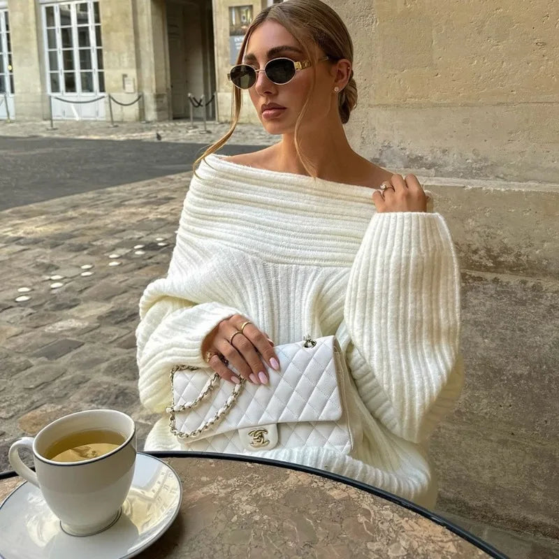 Tuularose Women's Off-Shoulder Sweater Fashion Loose Casual Brown Retro Pullover Spring High Street Office Lady Tops Knitwear