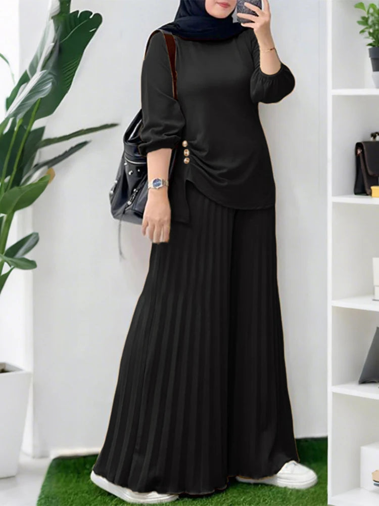 Women Autumn Matching Sets Muslim Outfits Ramadan 2 Pieces Set Casual Long Sleeve Tops Trousers Suit Solid Tracksuit