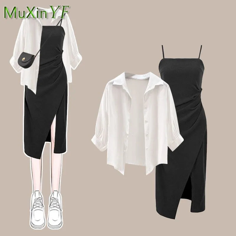 Women's Summer Dress Matching Set 2026 New Fashion Chiffon Sunscreen Shirt Slip Skirt Two-piece Korean Elegant Chic Blouse Suit